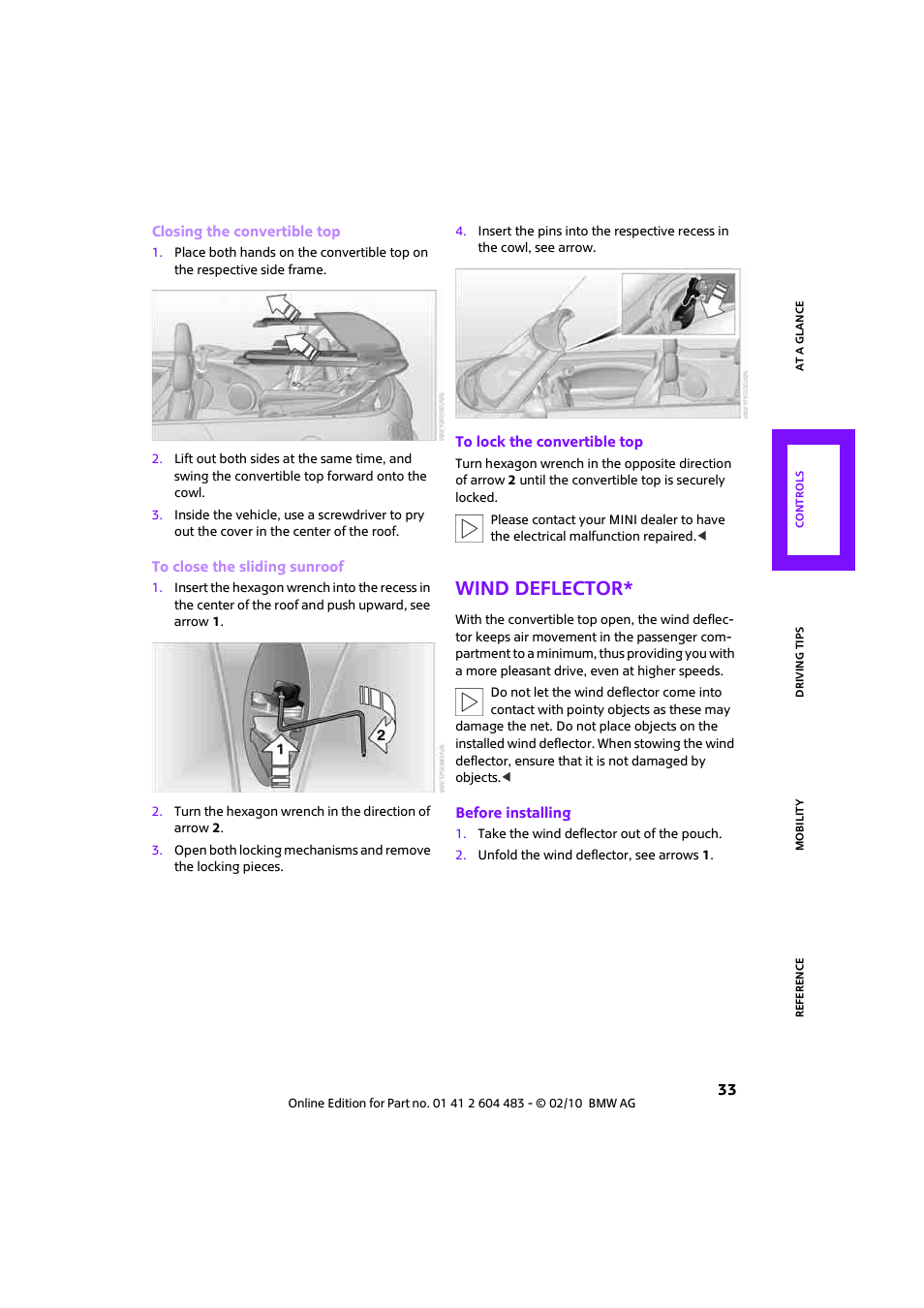 Wind deflector | Mini 2010 Cooper Convertible User Manual | Page 35 / 174