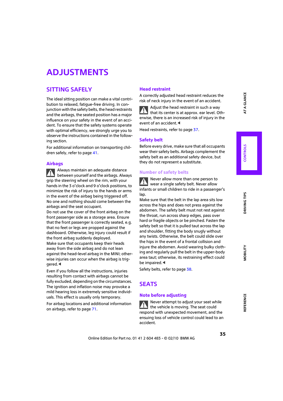 Adjustments, Sitting safely, Seats | Mini 2010 Cooper Convertible User Manual | Page 37 / 174