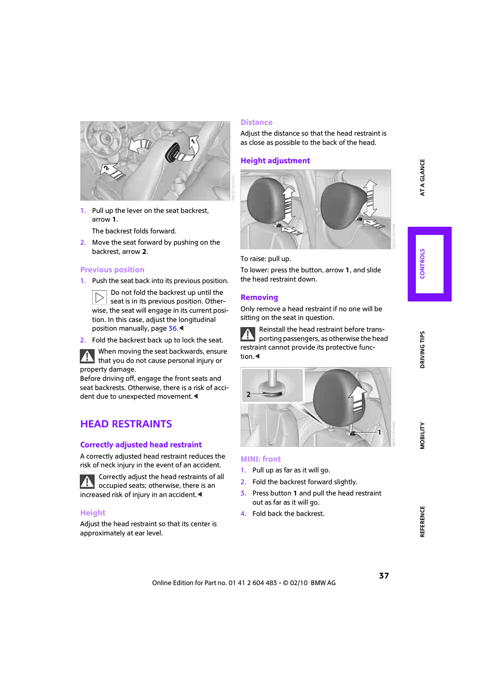 Head restraints | Mini 2010 Cooper Convertible User Manual | Page 39 / 174