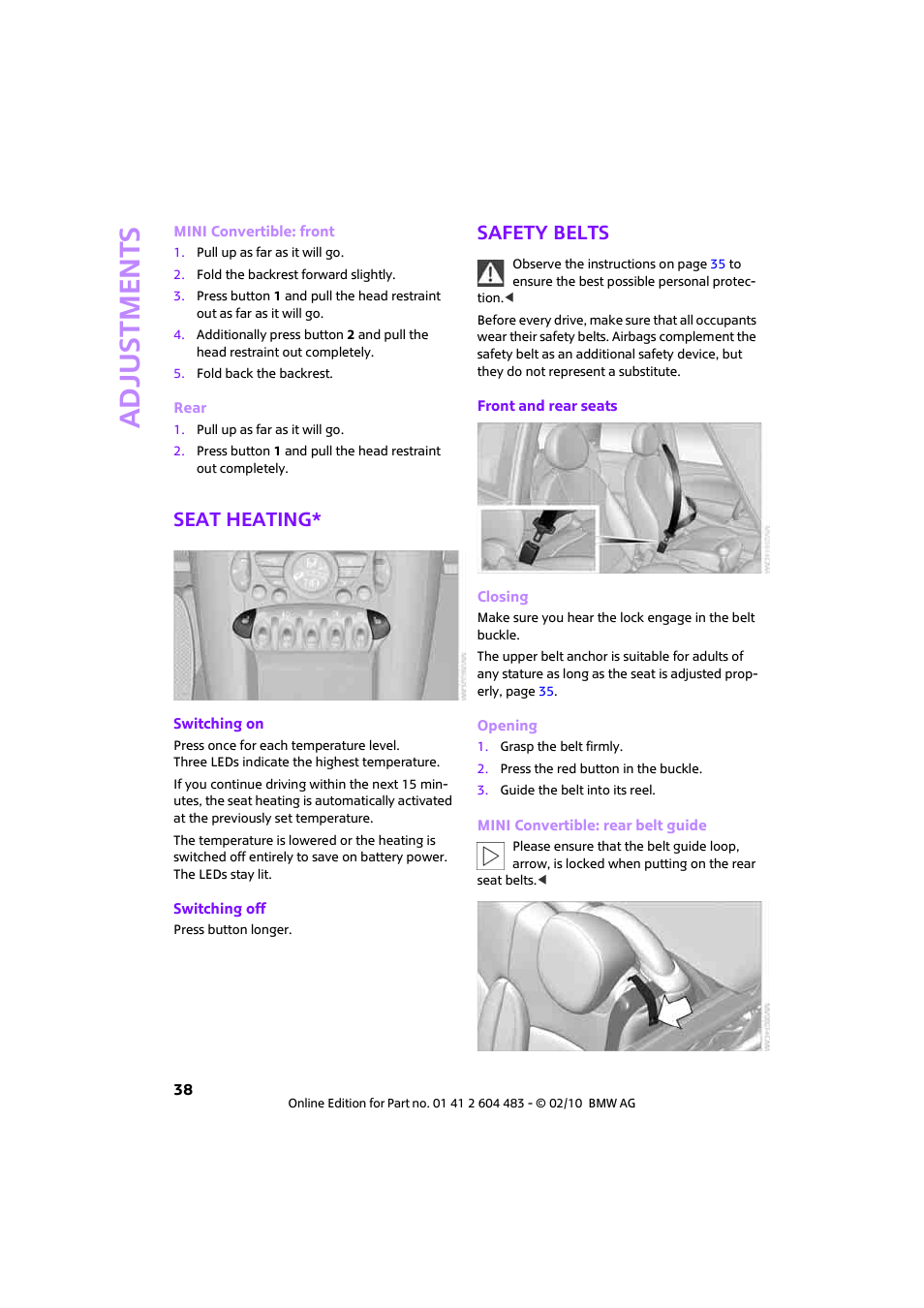 Seat heating, Safety belts, Adjustments | Mini 2010 Cooper Convertible User Manual | Page 40 / 174