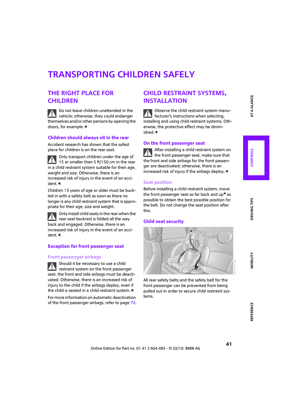 Transporting children safely, The right place for children, Child restraint systems, installation | Mini 2010 Cooper Convertible User Manual | Page 43 / 174