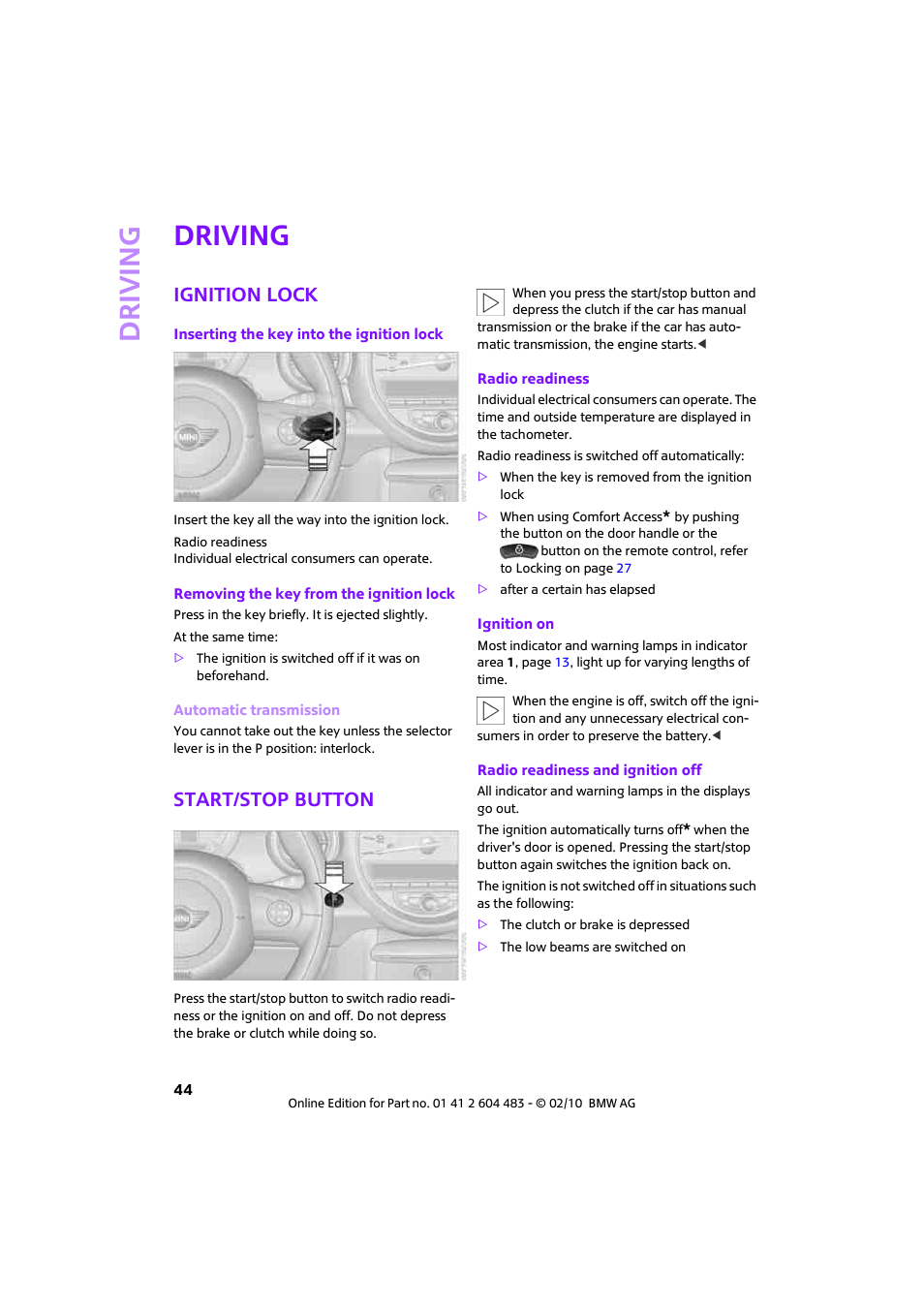 Driving, Ignition lock, Start/stop button | Mini 2010 Cooper Convertible User Manual | Page 46 / 174