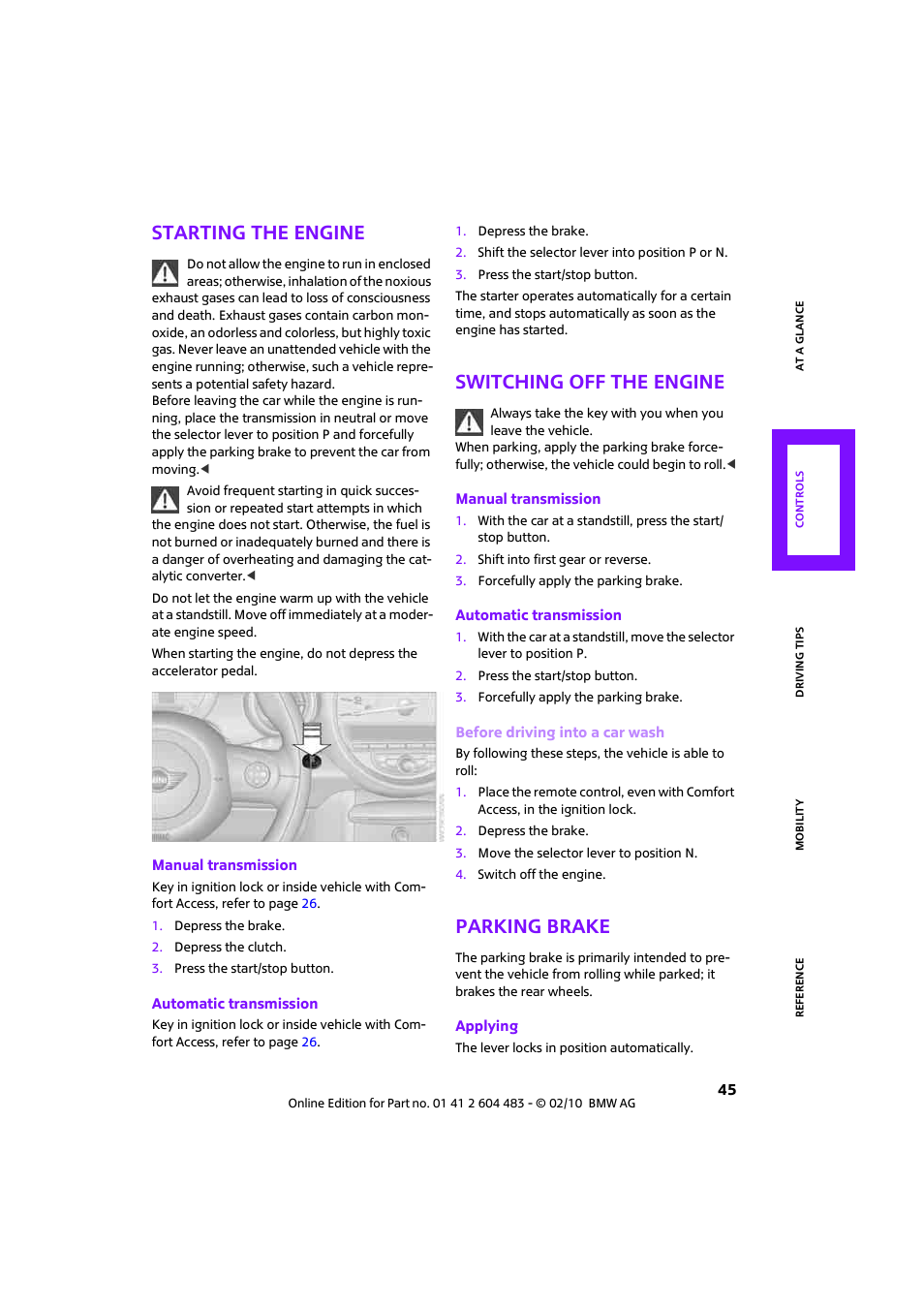 Starting the engine, Switching off the engine, Parking brake | Mini 2010 Cooper Convertible User Manual | Page 47 / 174