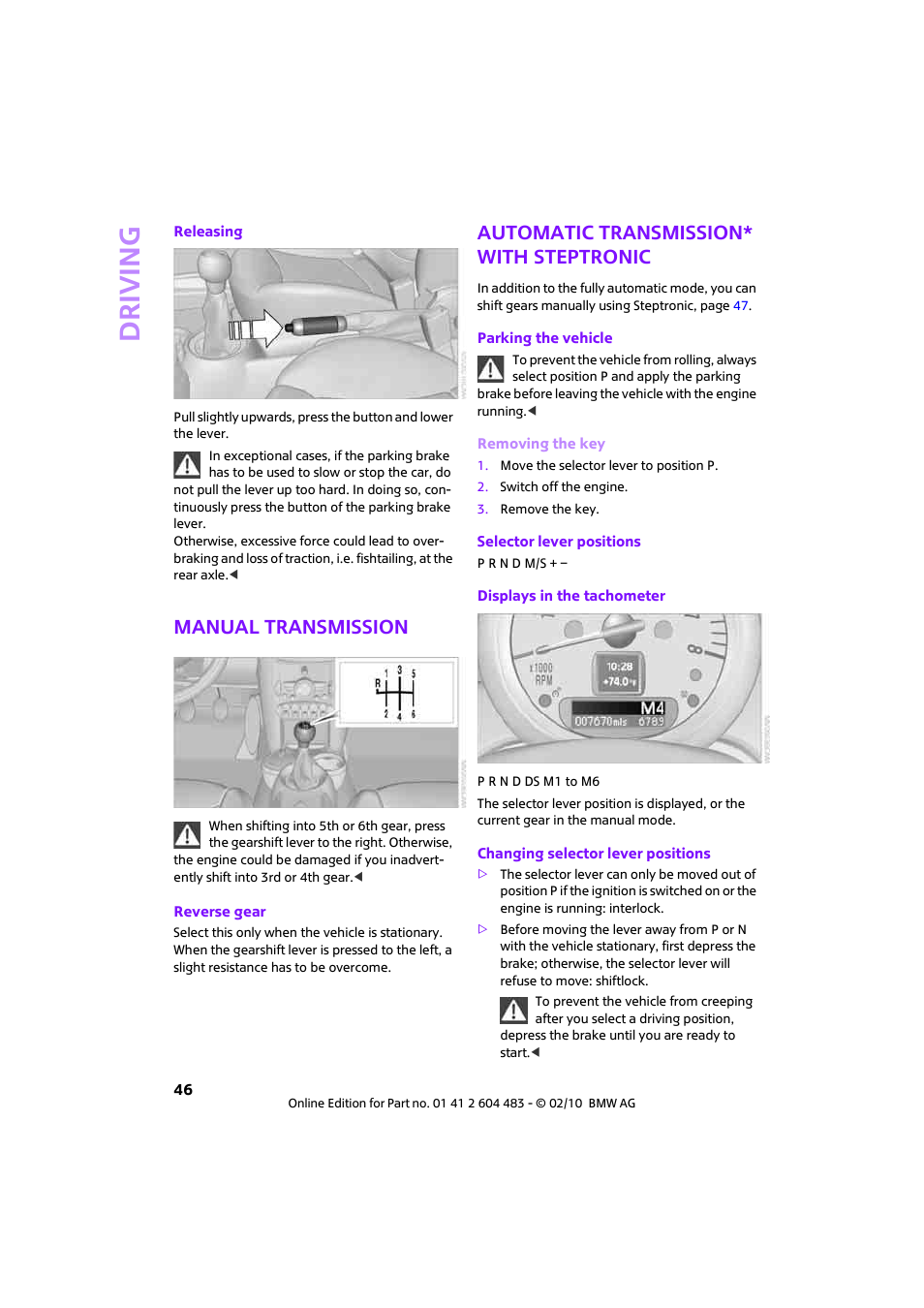 Manual transmission, Automatic transmission* with steptronic, Driving | Mini 2010 Cooper Convertible User Manual | Page 48 / 174
