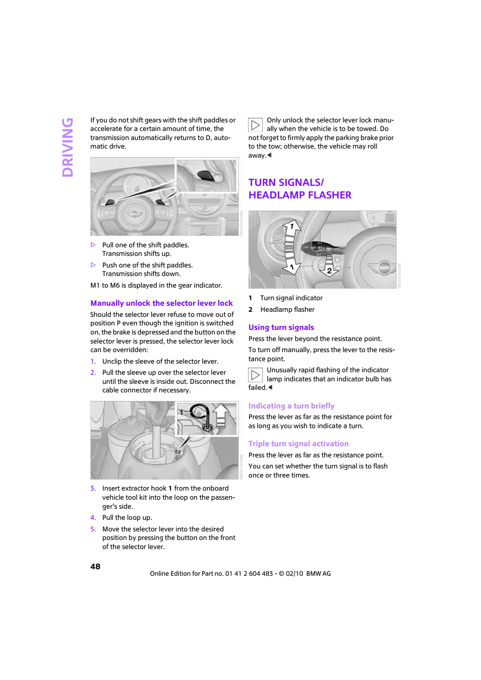 Turn signals/ headlamp flasher, Driving | Mini 2010 Cooper Convertible User Manual | Page 50 / 174