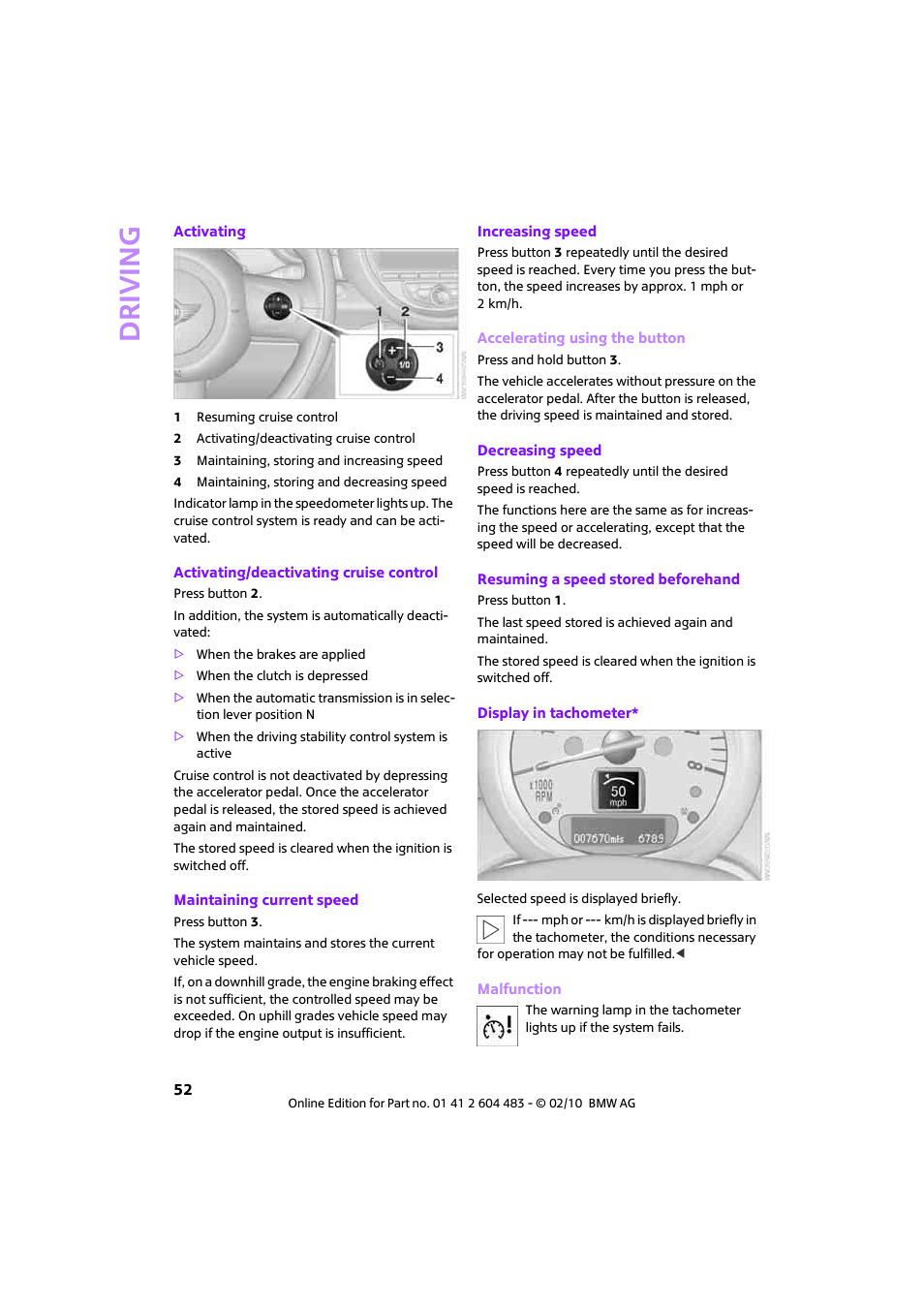Driving | Mini 2010 Cooper Convertible User Manual | Page 54 / 174