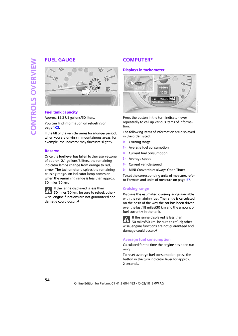 Fuel gauge, Computer, Controls overview | Mini 2010 Cooper Convertible User Manual | Page 56 / 174