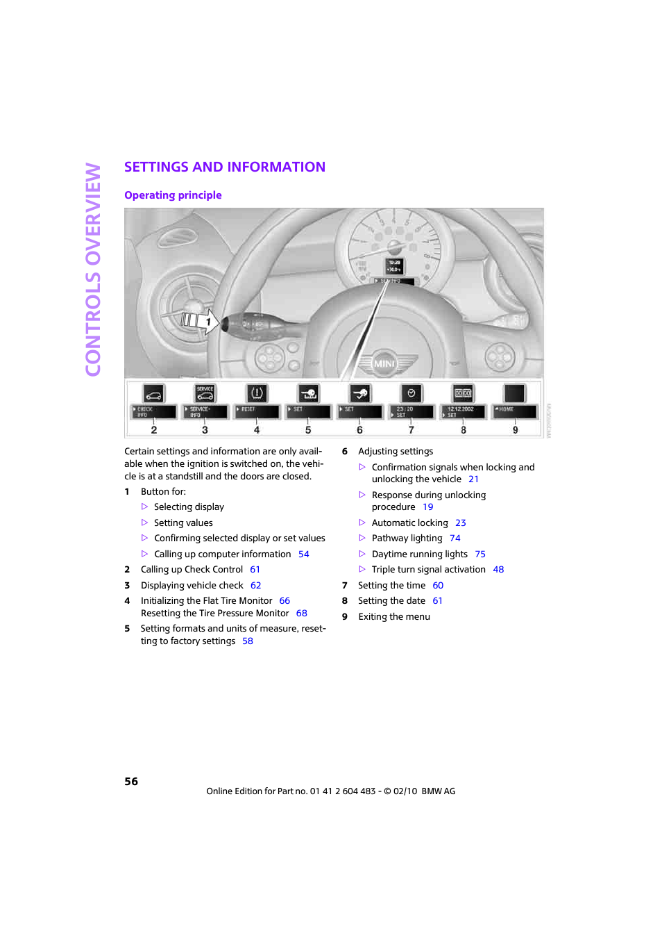 Settings and information, Controls overview | Mini 2010 Cooper Convertible User Manual | Page 58 / 174