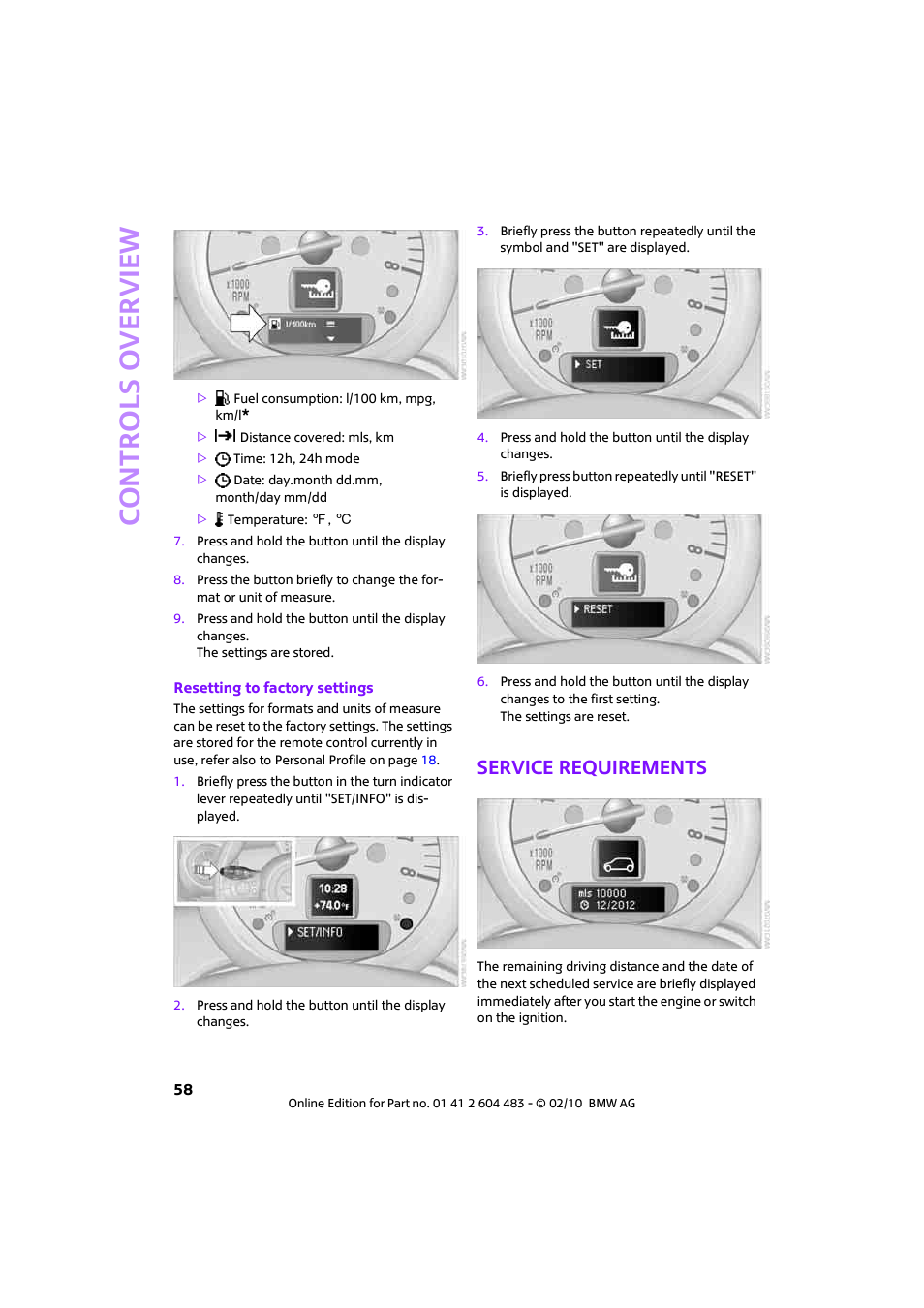 Service requirements, Controls overview | Mini 2010 Cooper Convertible User Manual | Page 60 / 174