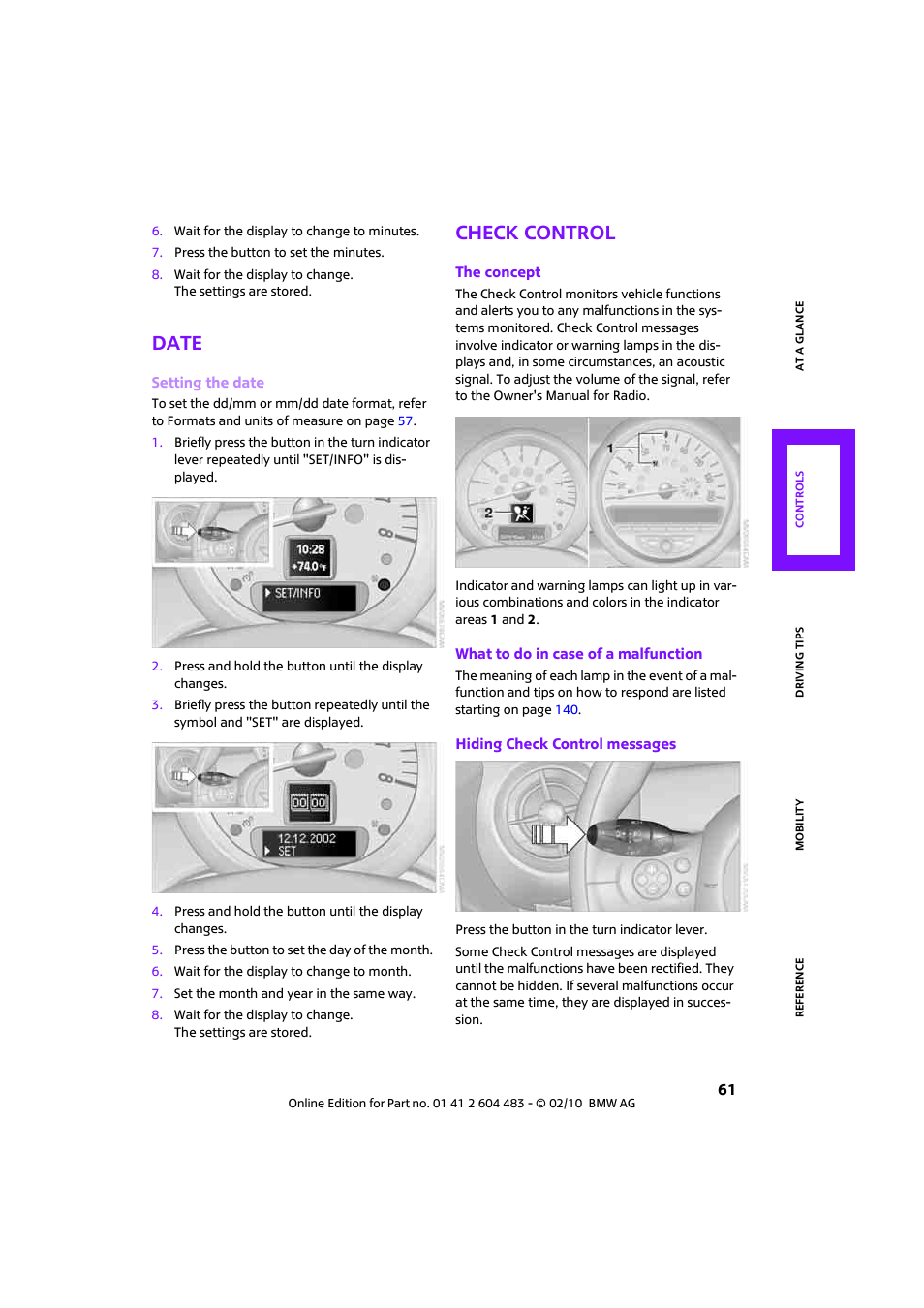 Date, Check control | Mini 2010 Cooper Convertible User Manual | Page 63 / 174