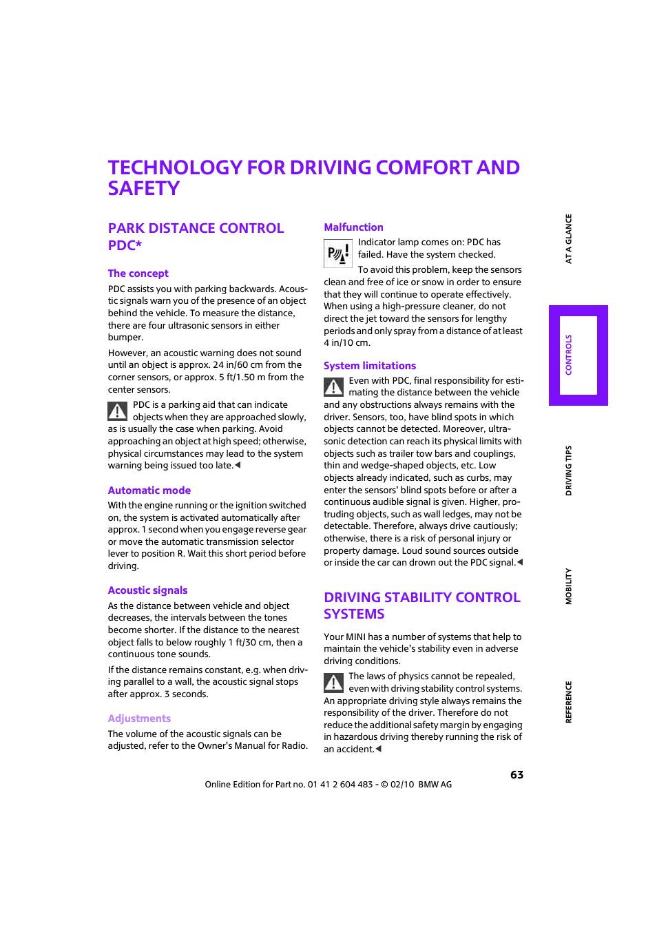 Technology for driving comfort and safety, Park distance control pdc, Driving stability control systems | Mini 2010 Cooper Convertible User Manual | Page 65 / 174
