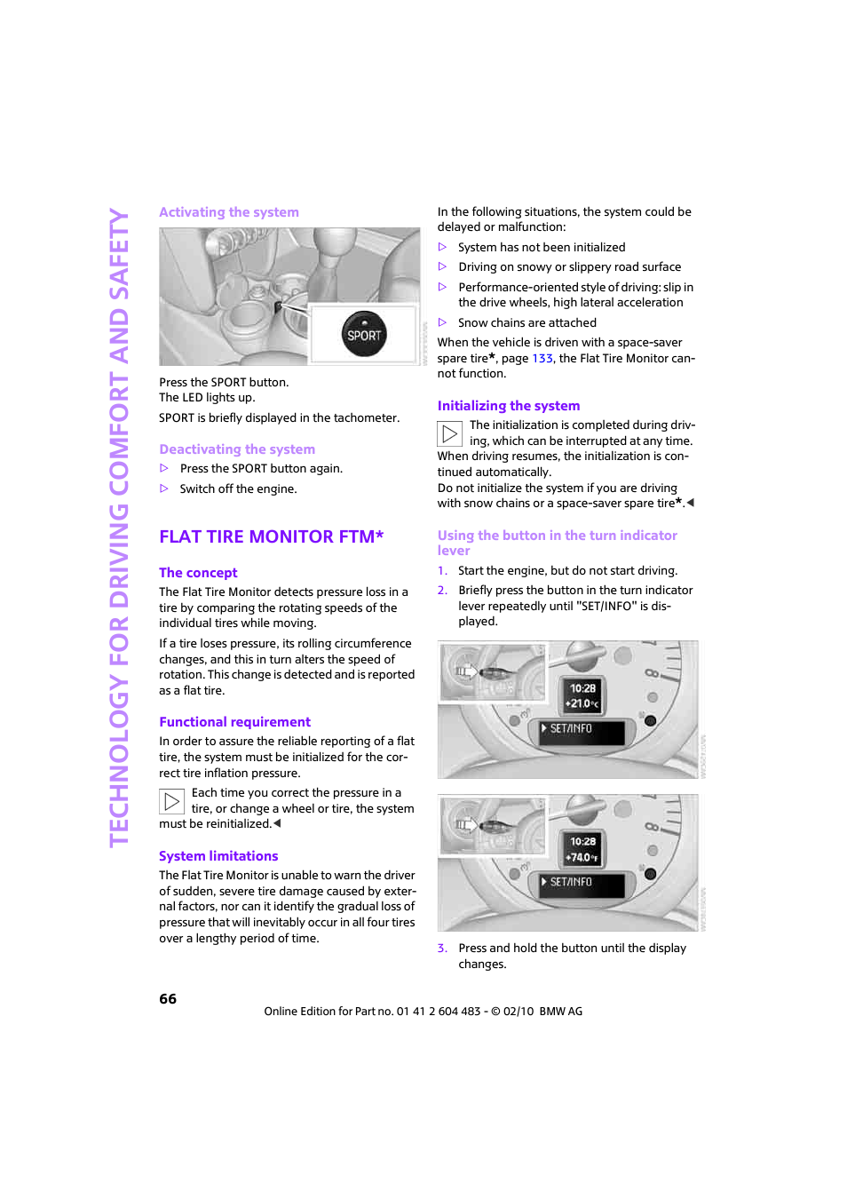 Flat tire monitor ftm | Mini 2010 Cooper Convertible User Manual | Page 68 / 174