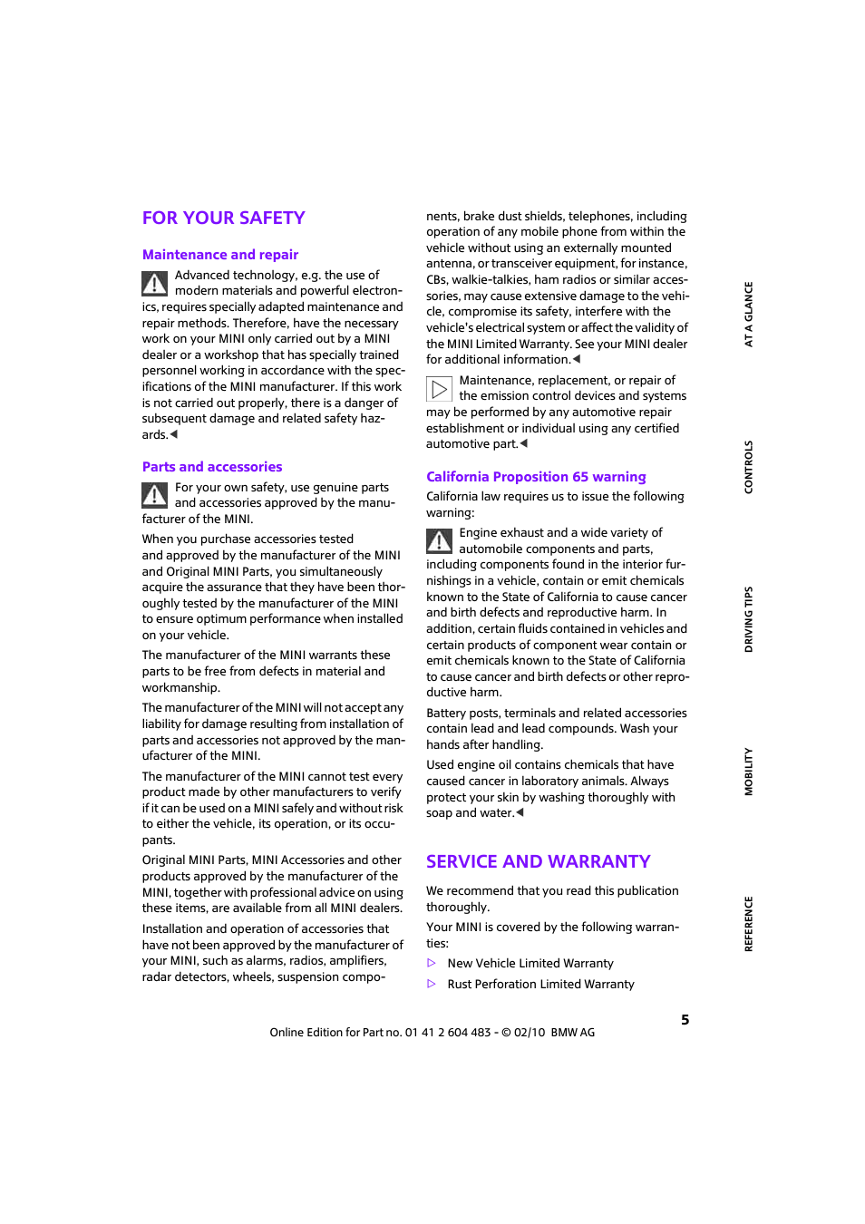 For your safety, Service and warranty | Mini 2010 Cooper Convertible User Manual | Page 7 / 174