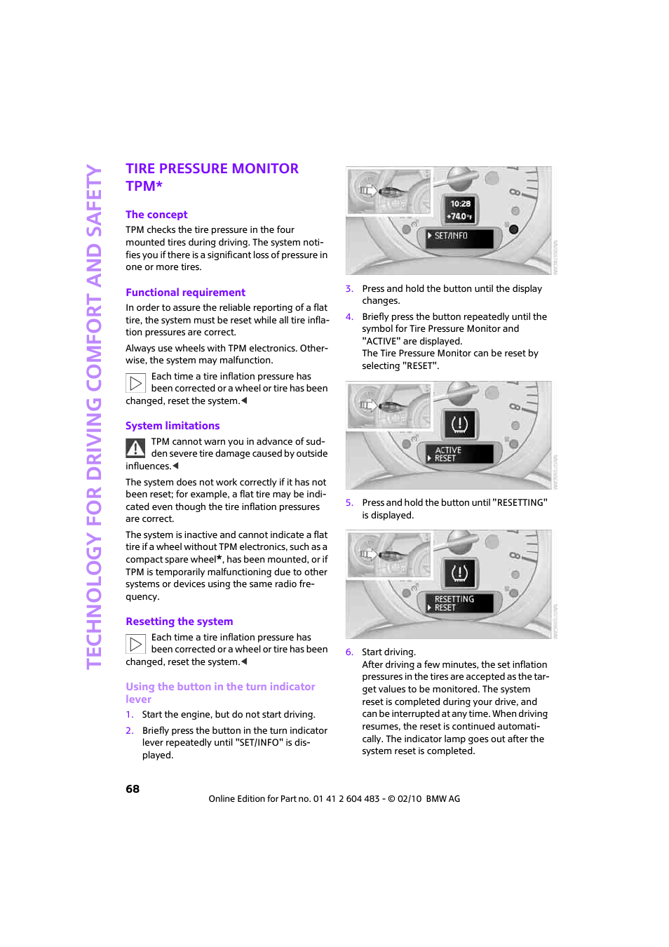 Tire pressure monitor tpm | Mini 2010 Cooper Convertible User Manual | Page 70 / 174