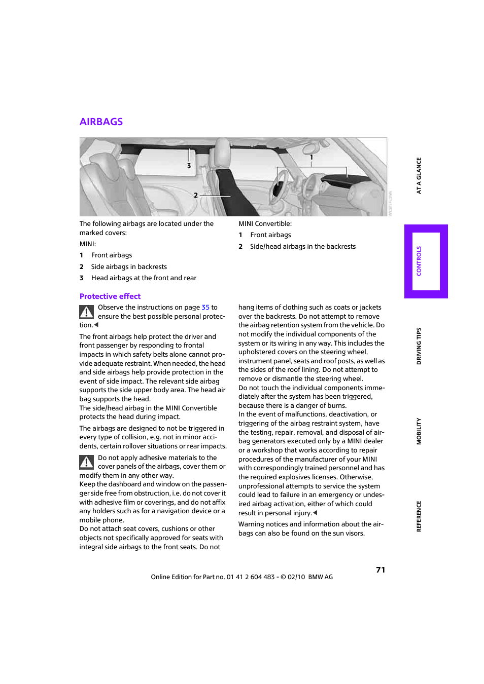 Airbags | Mini 2010 Cooper Convertible User Manual | Page 73 / 174