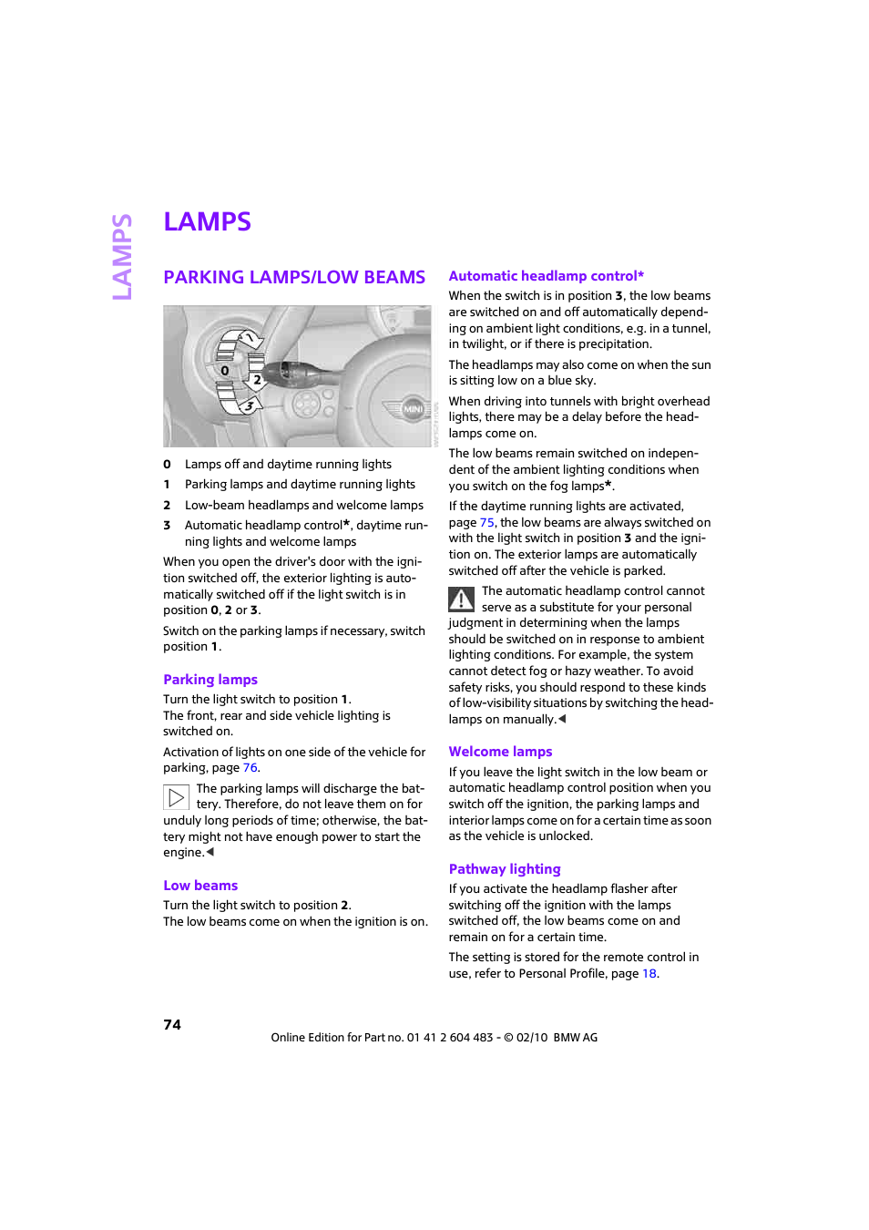 Lamps, Parking lamps/low beams, Lamp s | Mini 2010 Cooper Convertible User Manual | Page 76 / 174