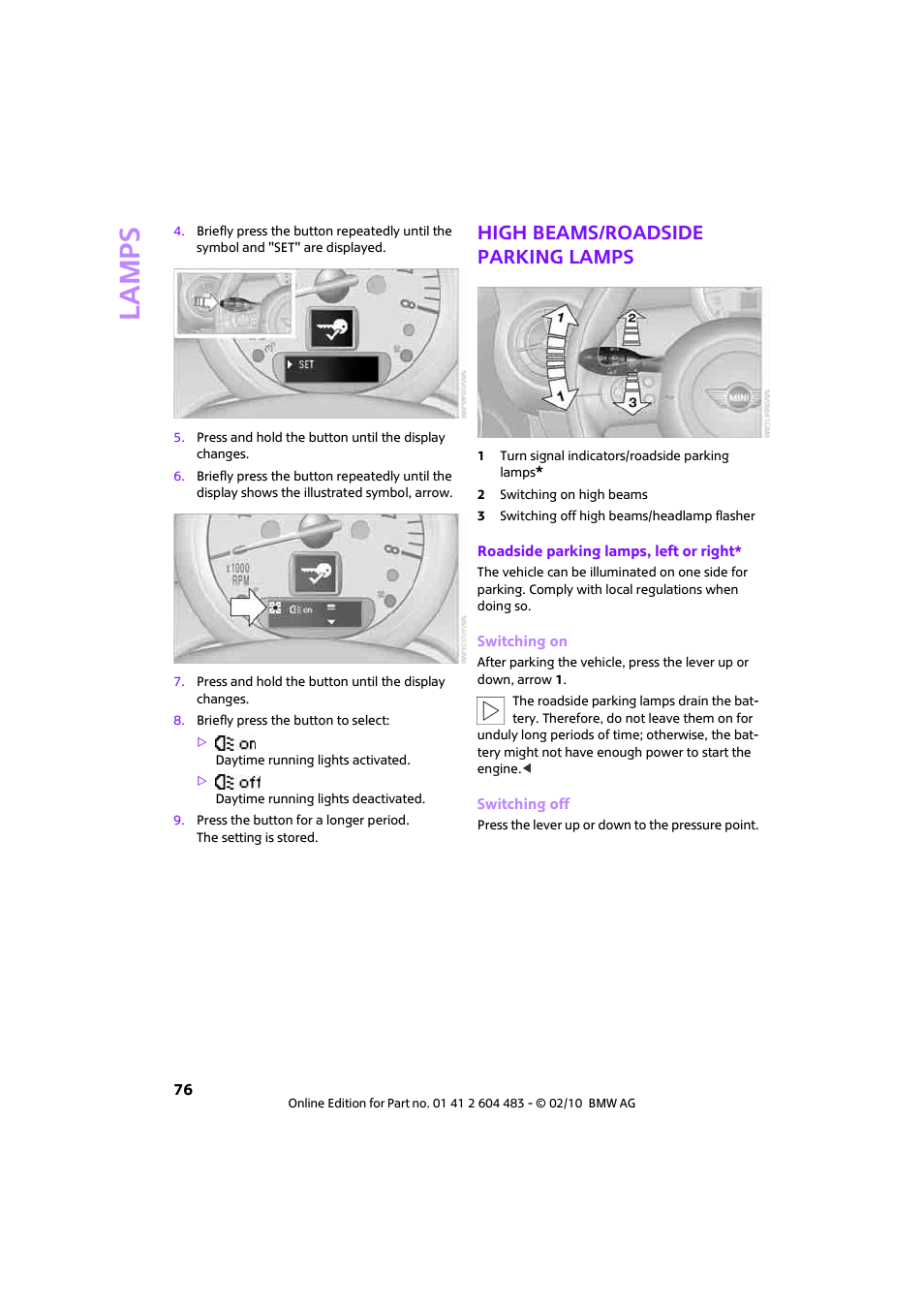 High beams/roadside parking lamps, Lamp s | Mini 2010 Cooper Convertible User Manual | Page 78 / 174
