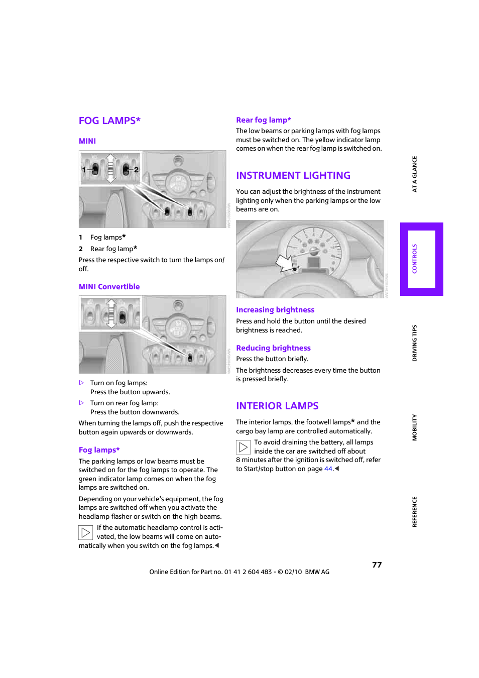 Fog lamps, Instrument lighting, Interior lamps | Mini 2010 Cooper Convertible User Manual | Page 79 / 174