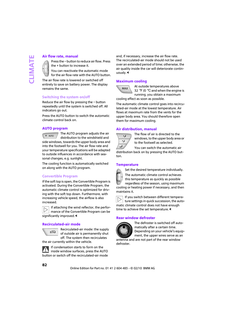 Auto program, Climat e | Mini 2010 Cooper Convertible User Manual | Page 84 / 174
