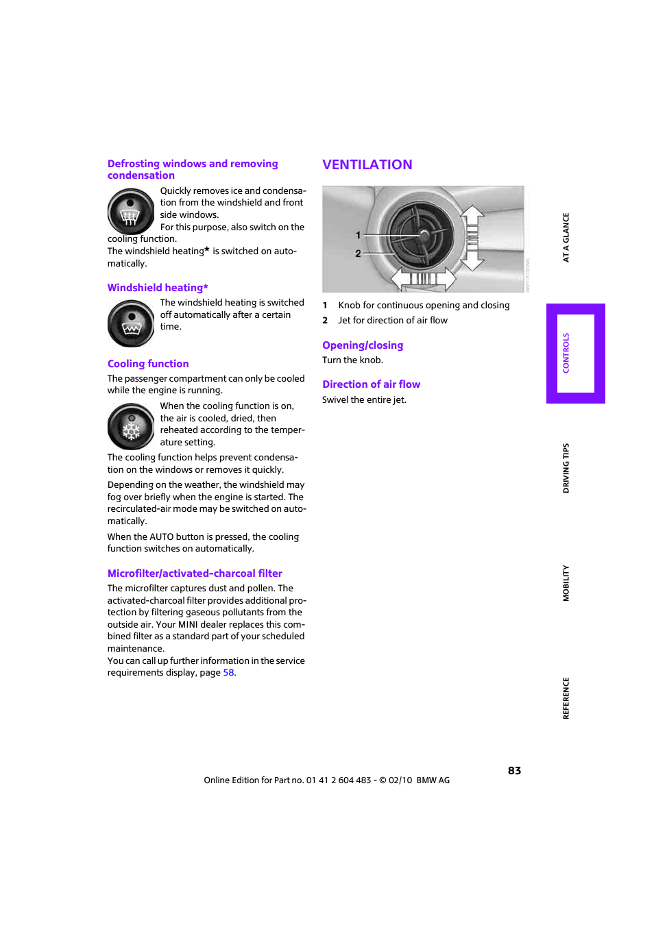 Ventilation | Mini 2010 Cooper Convertible User Manual | Page 85 / 174