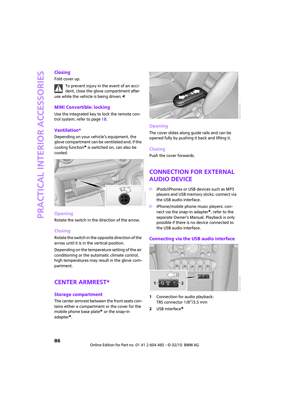 Center armrest, Connection for external audio device, Prac tic a l interio r ac cess o r ie s | Mini 2010 Cooper Convertible User Manual | Page 88 / 174