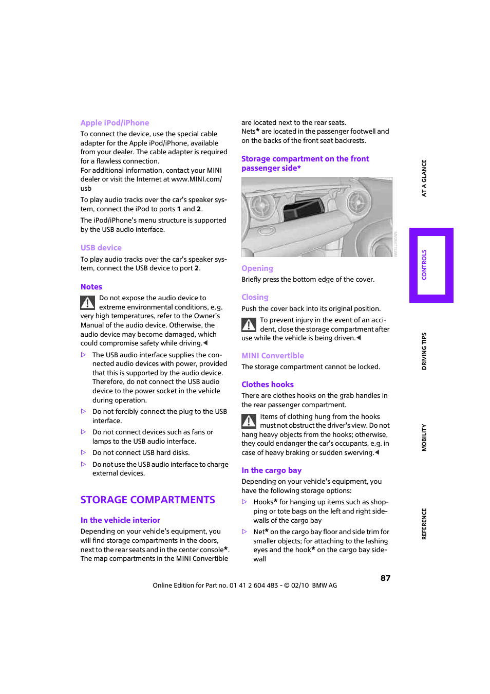 Storage compartments | Mini 2010 Cooper Convertible User Manual | Page 89 / 174