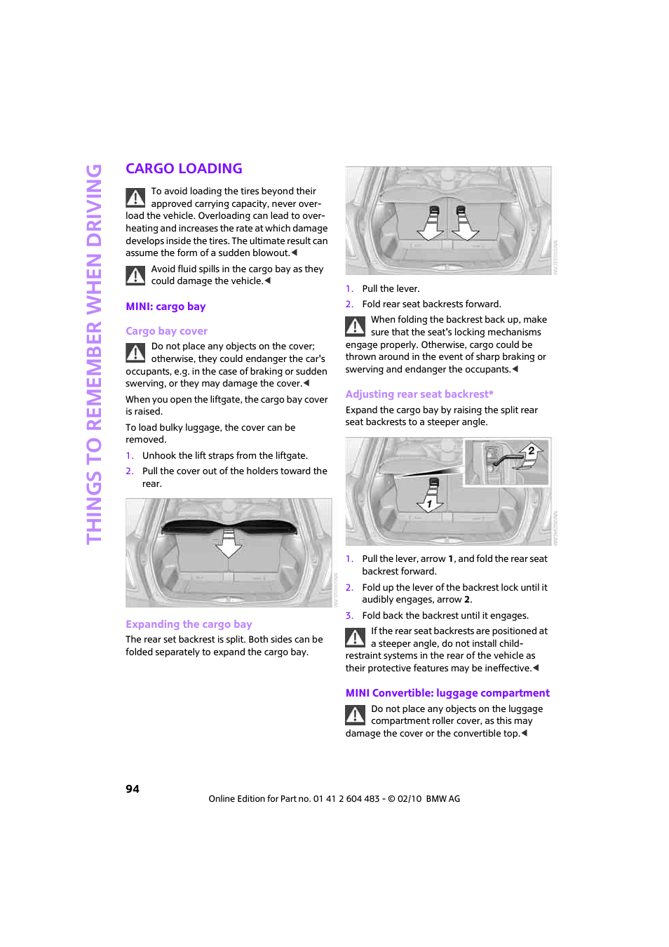 Cargo loading, Things to remember when driving | Mini 2010 Cooper Convertible User Manual | Page 96 / 174