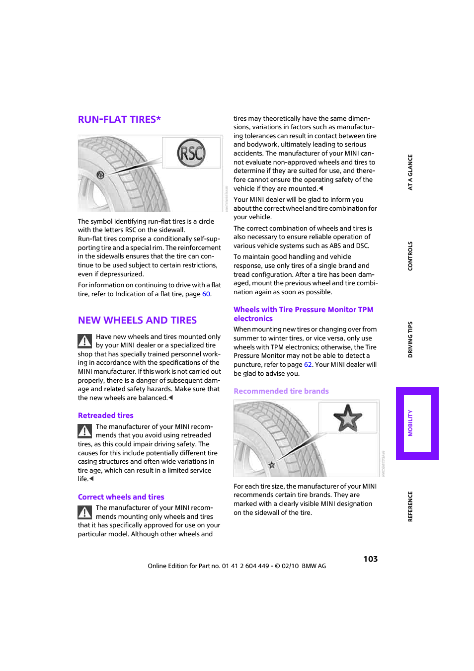 Run-flat tires, New wheels and tires | Mini 2010 Clubman User Manual | Page 105 / 160