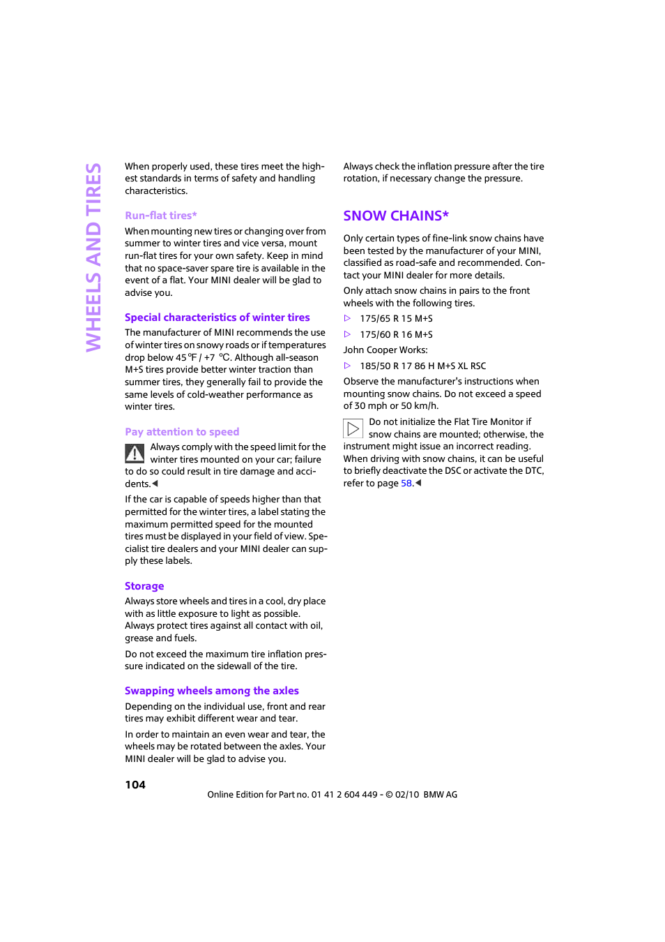 Snow chains, Whee ls and tire s | Mini 2010 Clubman User Manual | Page 106 / 160
