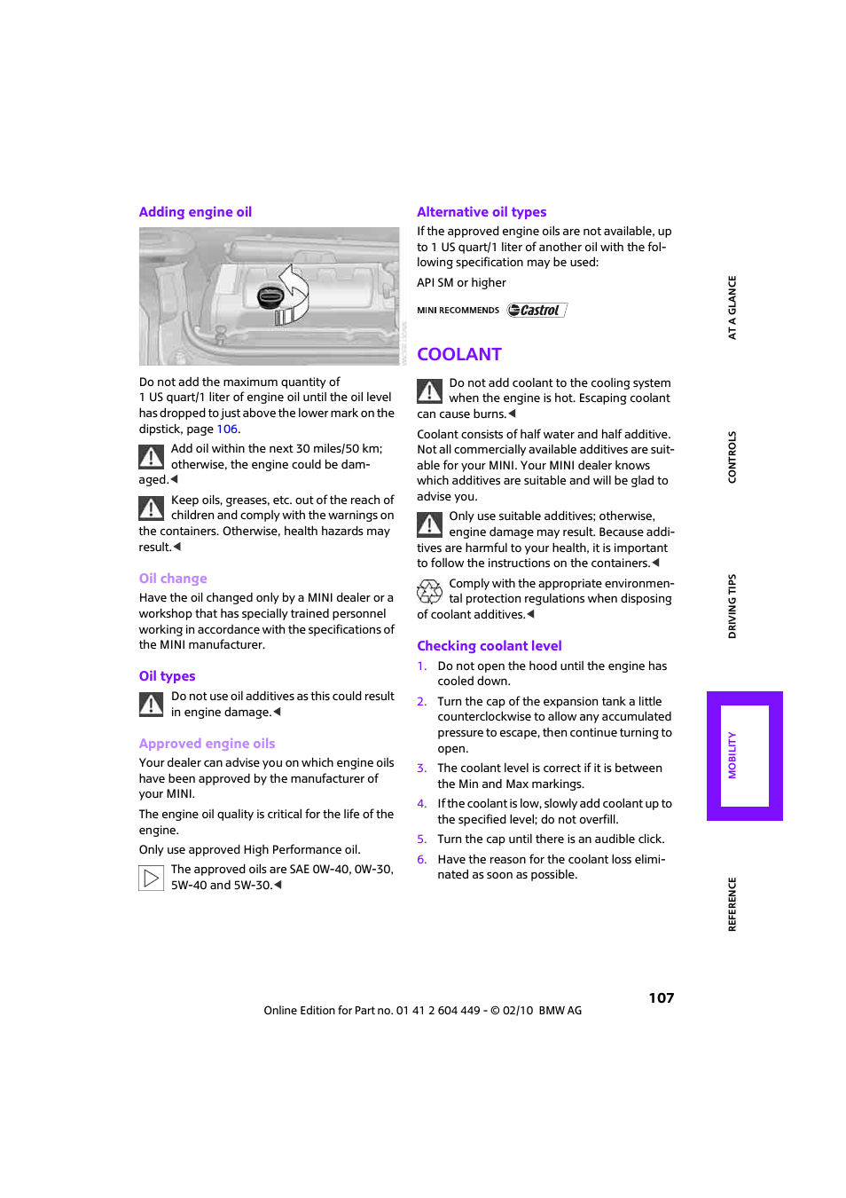 Coolant | Mini 2010 Clubman User Manual | Page 109 / 160