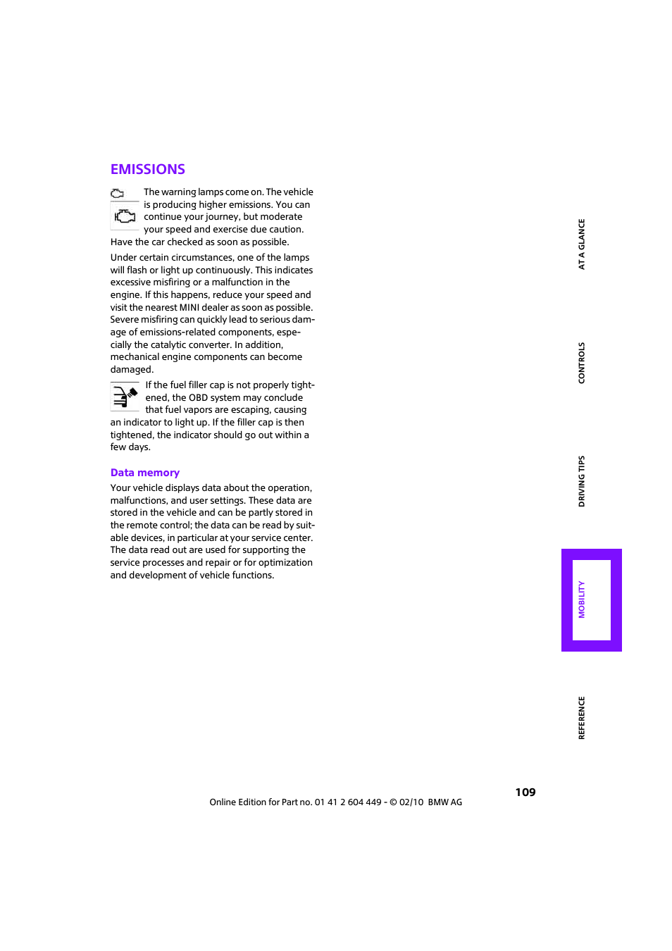 Emissions | Mini 2010 Clubman User Manual | Page 111 / 160