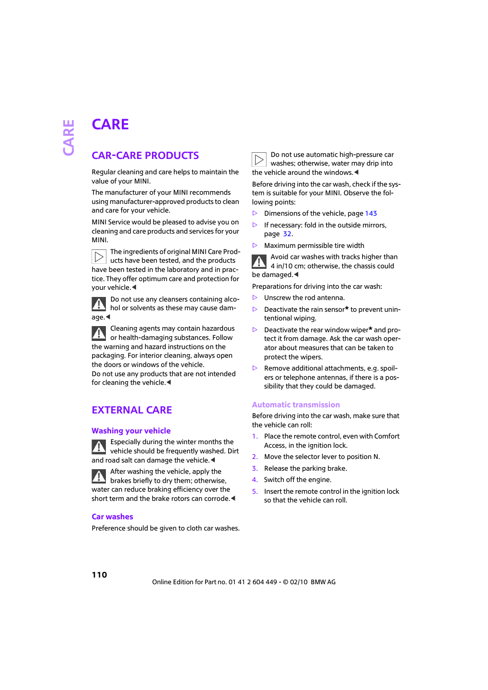 Care, Car-care products, External care | Mini 2010 Clubman User Manual | Page 112 / 160