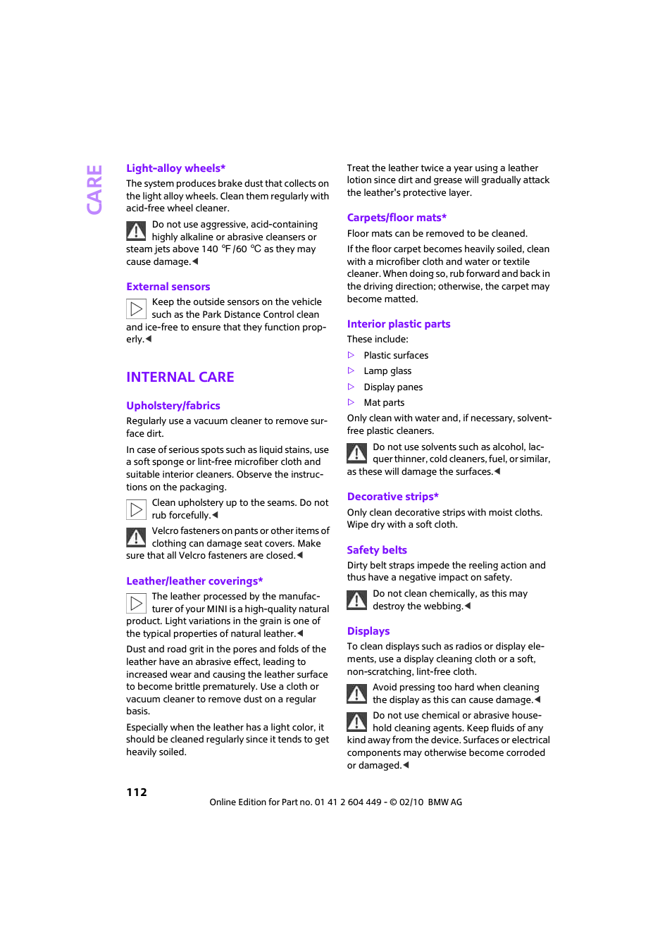 Internal care, Care | Mini 2010 Clubman User Manual | Page 114 / 160