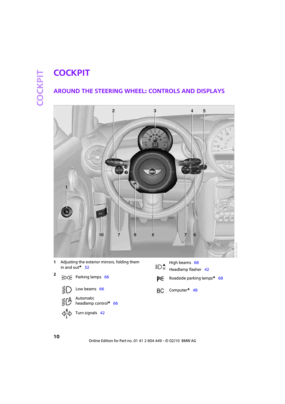 Cockpit, Around the steering wheel: controls and displays, Co ckpit | Mini 2010 Clubman User Manual | Page 12 / 160