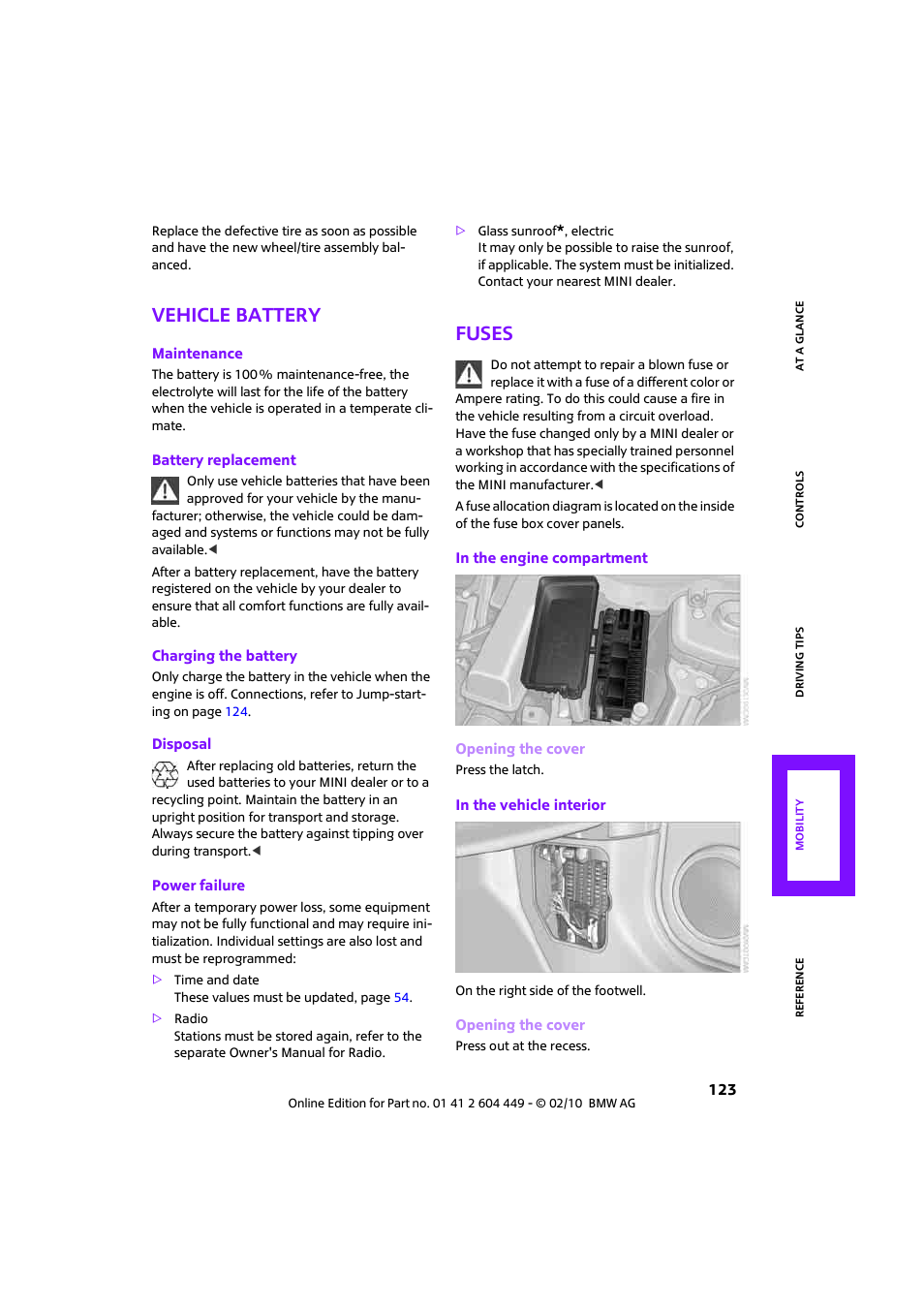 Vehicle battery, Fuses | Mini 2010 Clubman User Manual | Page 125 / 160