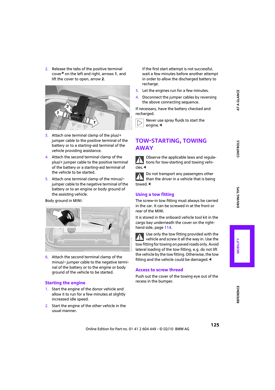 Tow-starting, towing away | Mini 2010 Clubman User Manual | Page 127 / 160