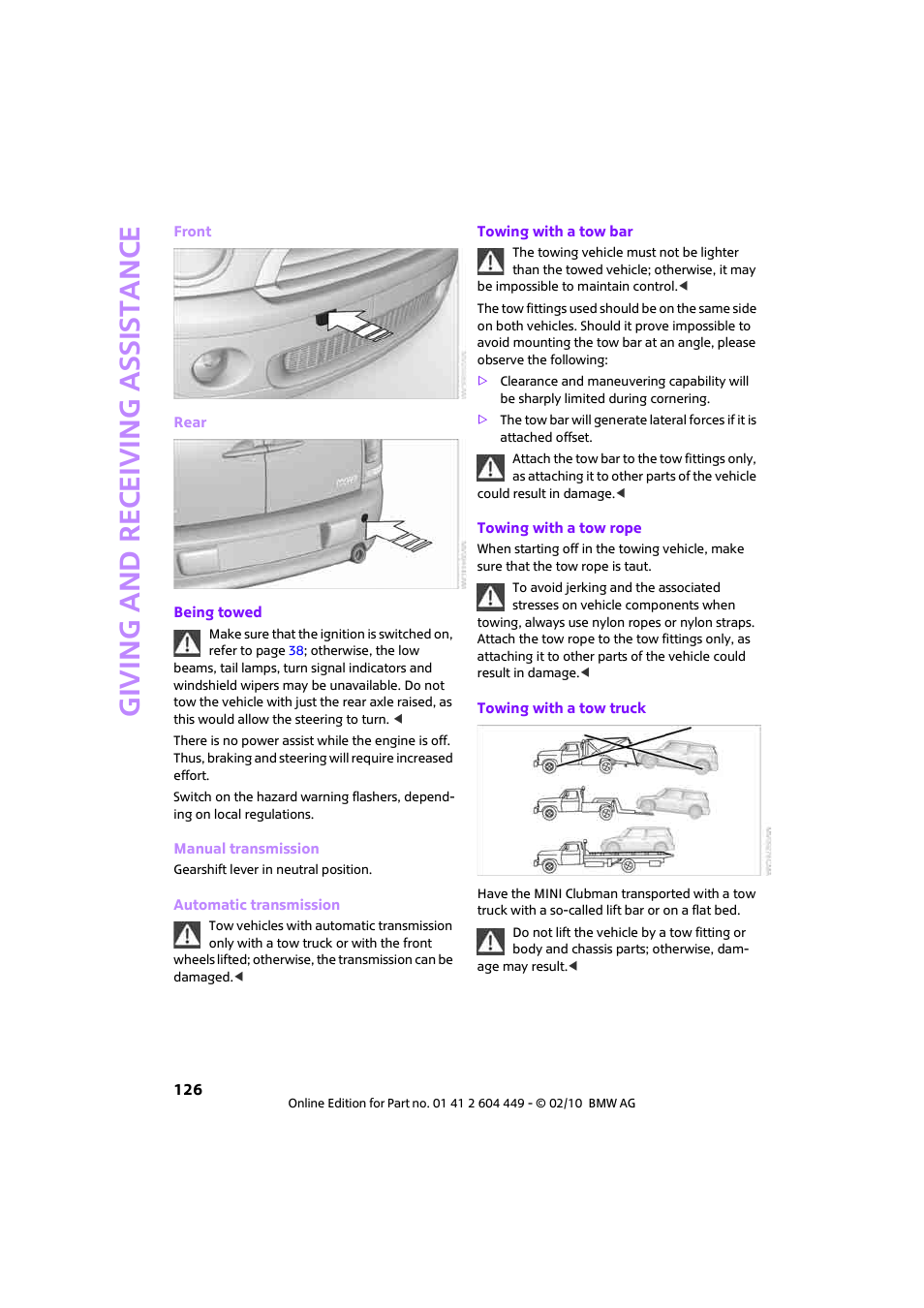 Giving and receiving assi stance | Mini 2010 Clubman User Manual | Page 128 / 160