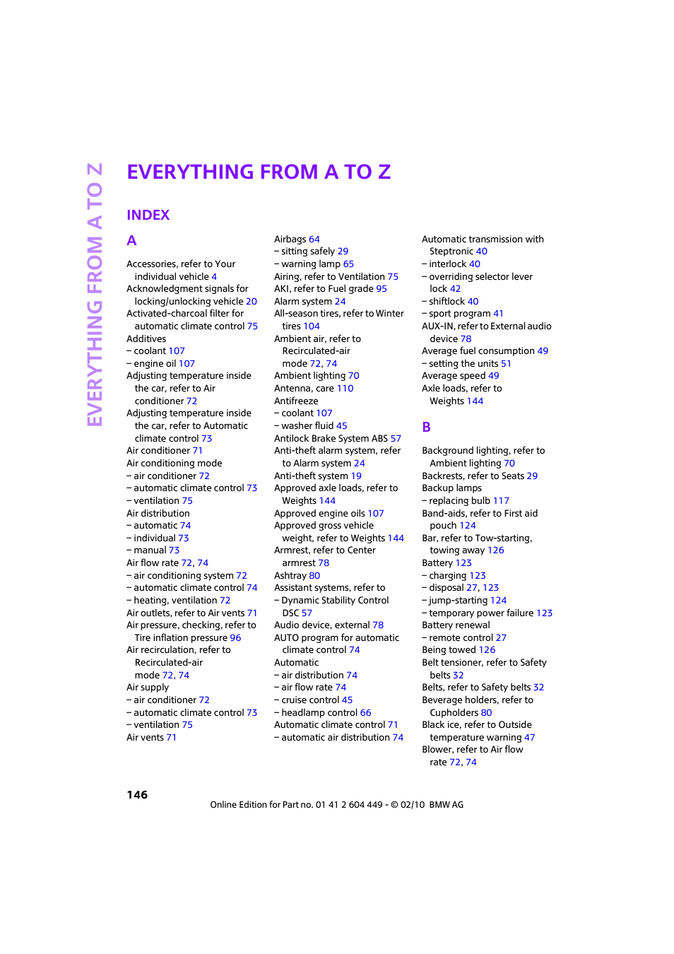 Everything from a to z, Index, Every th ing from a to z | Index a | Mini 2010 Clubman User Manual | Page 148 / 160