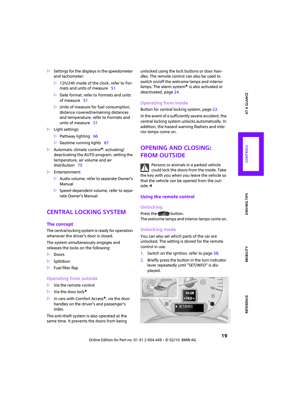 Central locking system, Opening and closing: from outside | Mini 2010 Clubman User Manual | Page 21 / 160