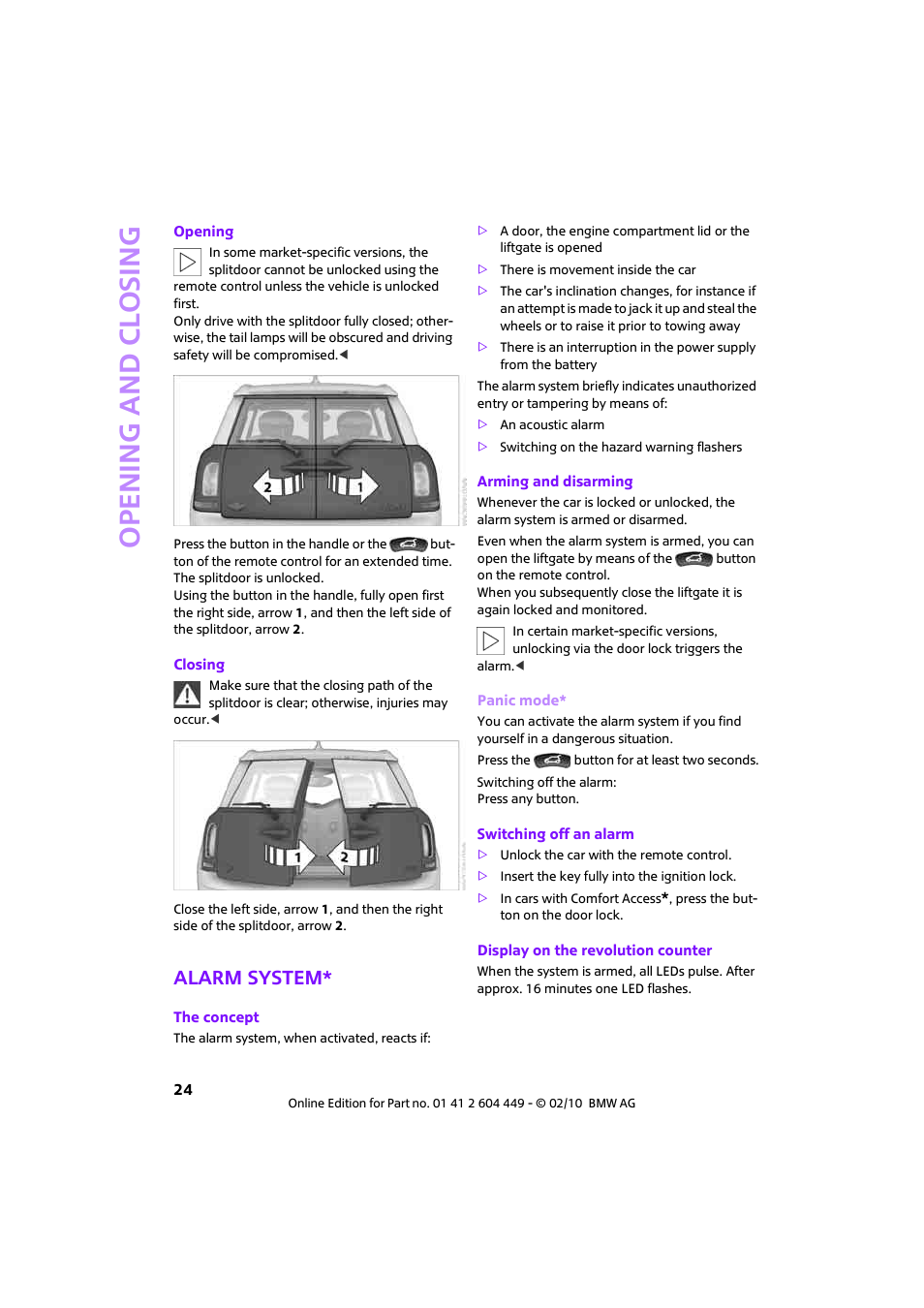 Alarm system, Open ing and closing | Mini 2010 Clubman User Manual | Page 26 / 160