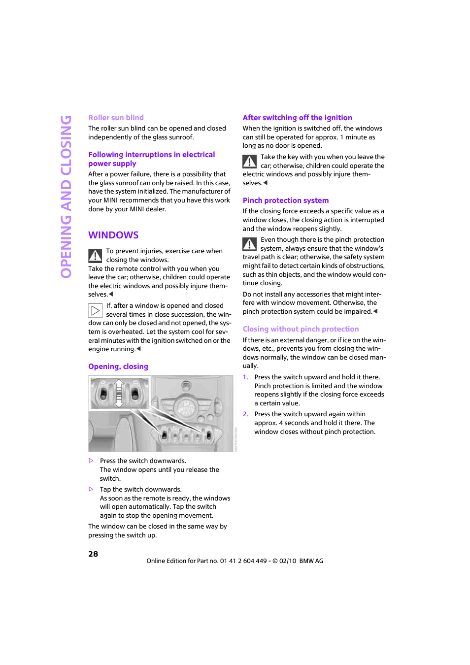 Windows, Open ing and closing | Mini 2010 Clubman User Manual | Page 30 / 160