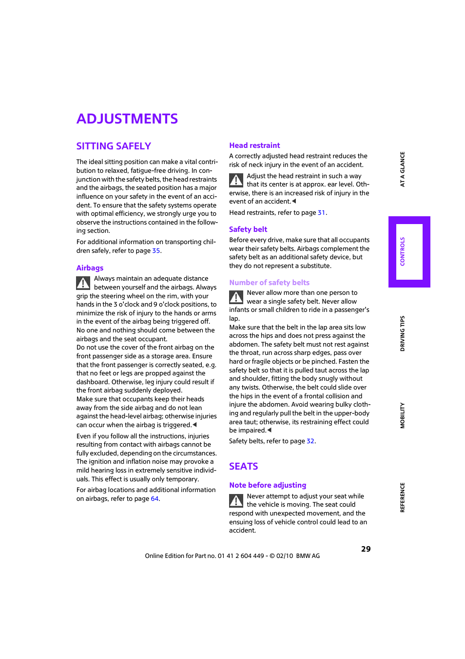 Adjustments, Sitting safely, Seats | Mini 2010 Clubman User Manual | Page 31 / 160