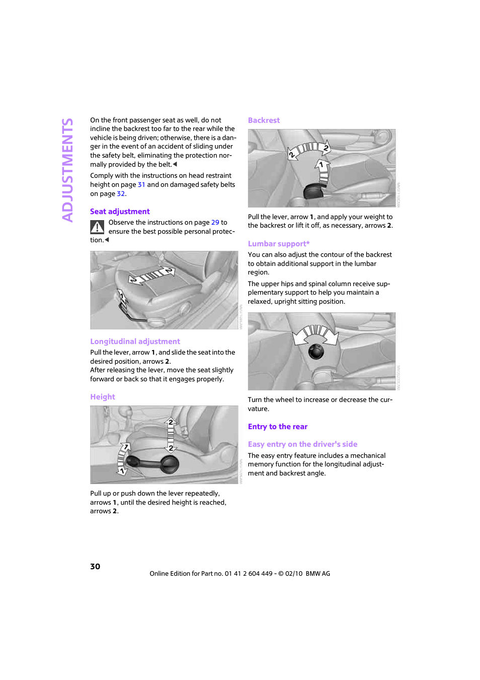 Adjustments | Mini 2010 Clubman User Manual | Page 32 / 160