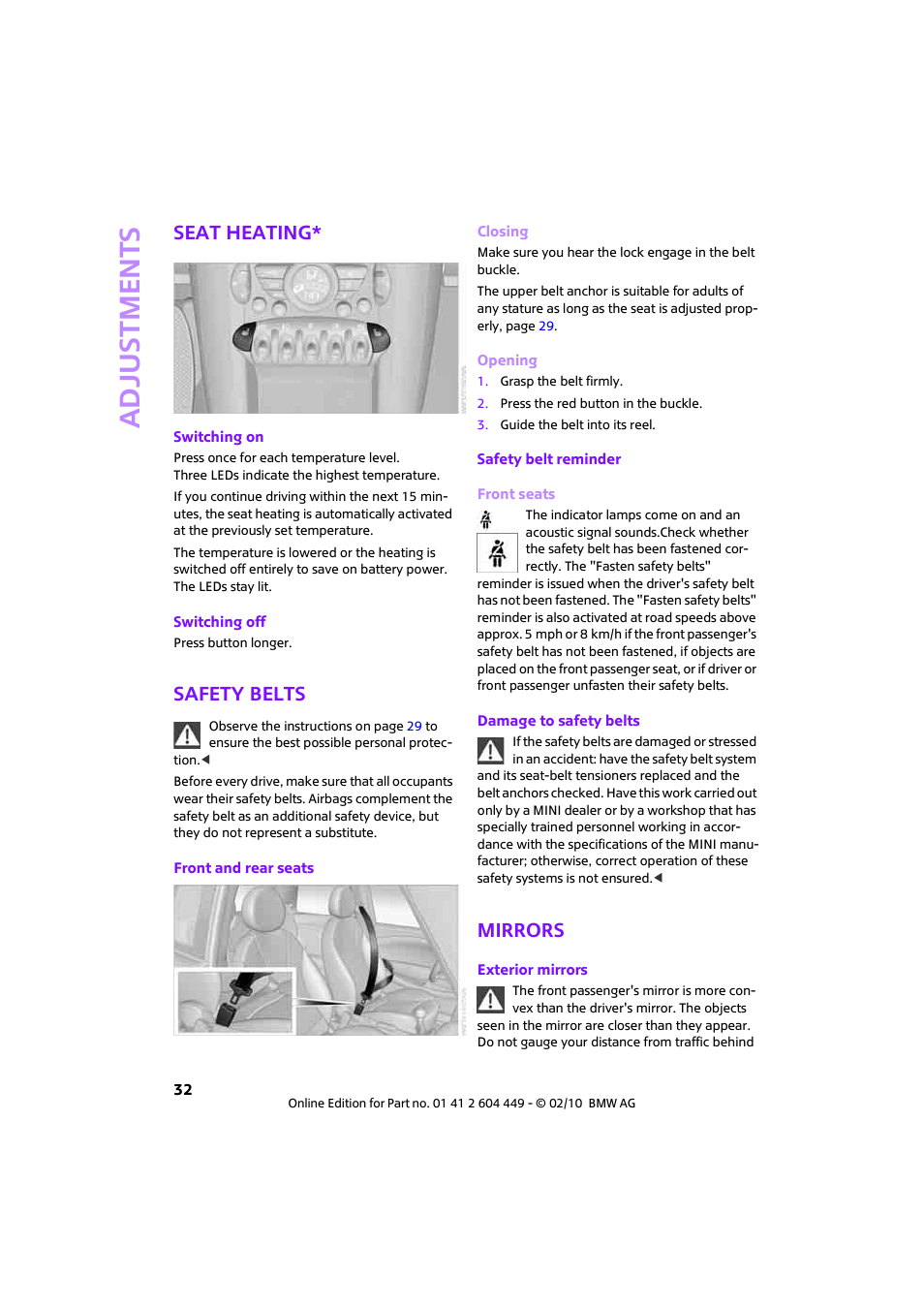 Seat heating, Safety belts, Mirrors | Adjustments | Mini 2010 Clubman User Manual | Page 34 / 160