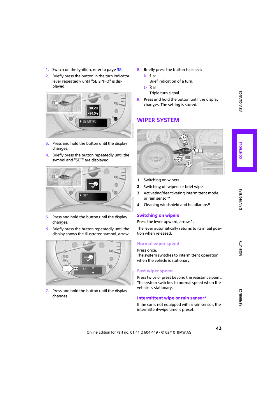 Wiper system | Mini 2010 Clubman User Manual | Page 45 / 160