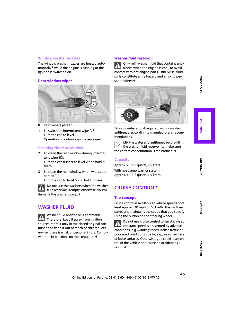 Washer fluid, Cruise control | Mini 2010 Clubman User Manual | Page 47 / 160