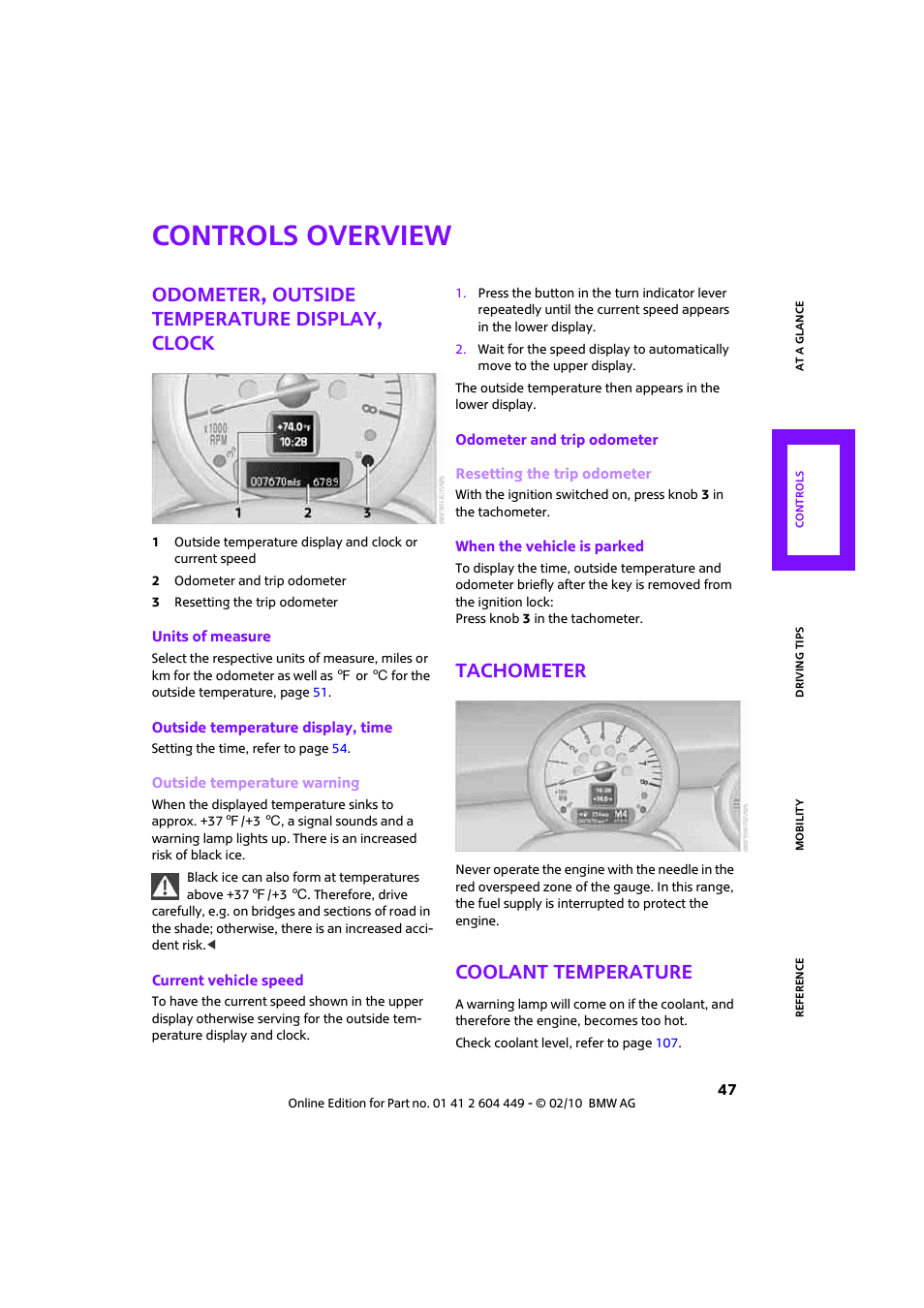 Controls overview, Odometer, outside temperature display, clock, Tachometer | Coolant temperature, Eter | Mini 2010 Clubman User Manual | Page 49 / 160