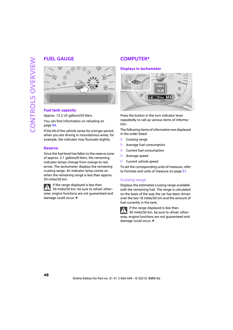 Fuel gauge, Computer, Controls overview | Mini 2010 Clubman User Manual | Page 50 / 160