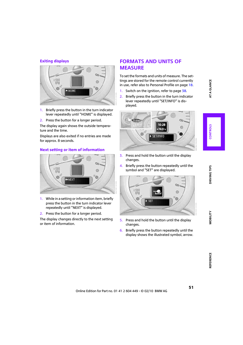 Formats and units of measure, For- mats and units of measure, Erature, refer to formats and units of measure | Formats and units of measure o | Mini 2010 Clubman User Manual | Page 53 / 160