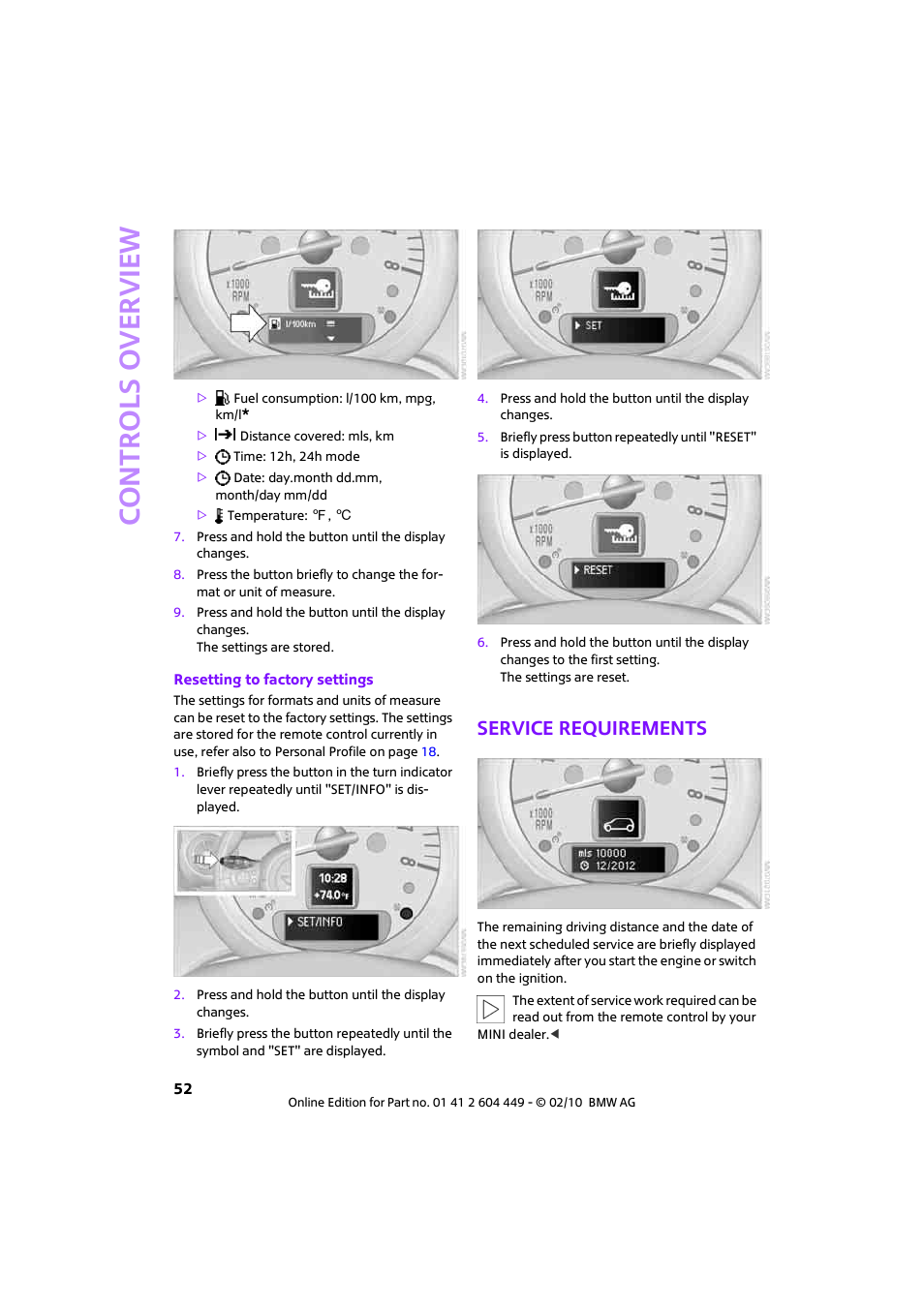 Service requirements, Controls overview | Mini 2010 Clubman User Manual | Page 54 / 160